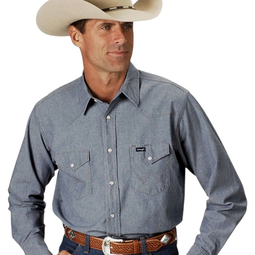 Wrangler Pearl Snap Chambray Western Work Shirt Men's Sz XLT Blue 100% Cotton